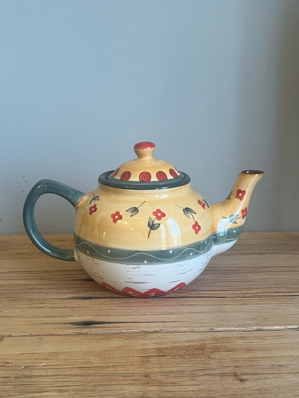 Vintage hand Painted red clay folk art teapot